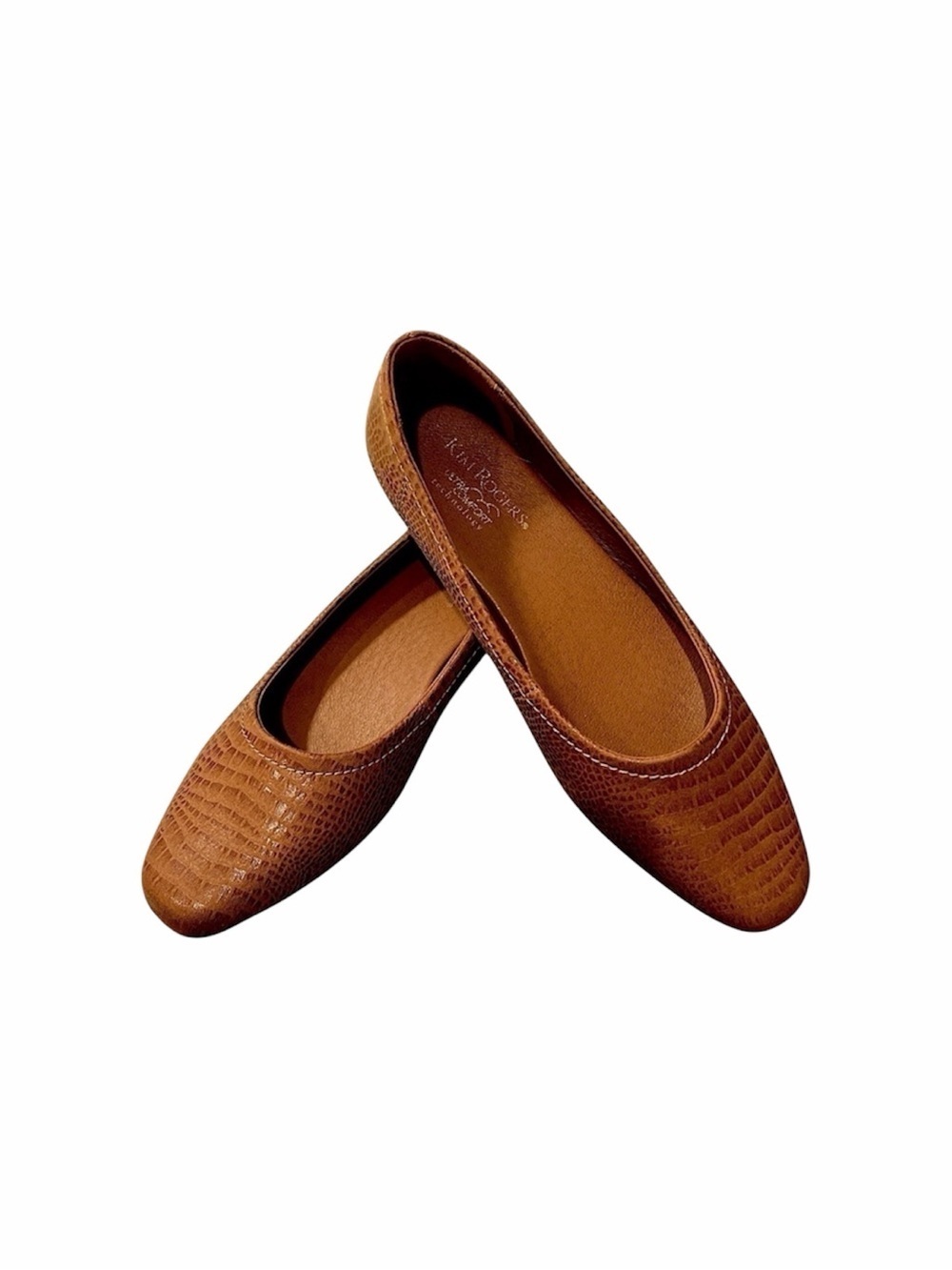 NIB Cognac Tobacco Brown Crocodile Texture Comfort Fit Ballet Flats Size 7.5